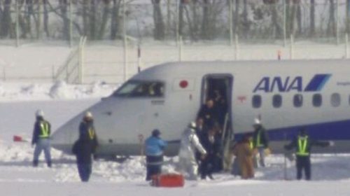 В Японии самолет застрял в снегу